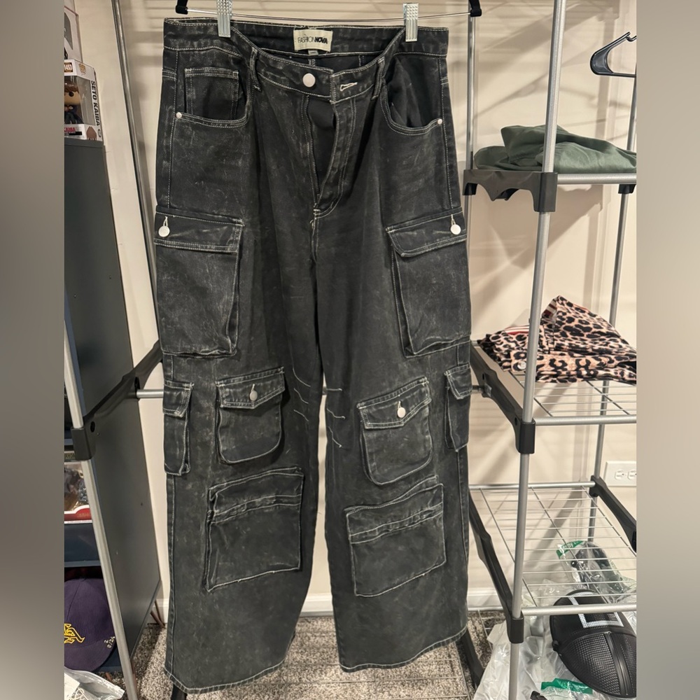 Washed black denim cargo pants